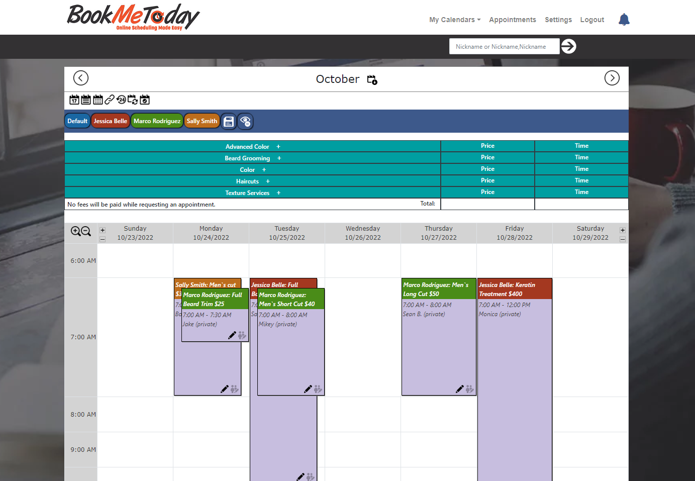 BookMeToday weekly calendar view